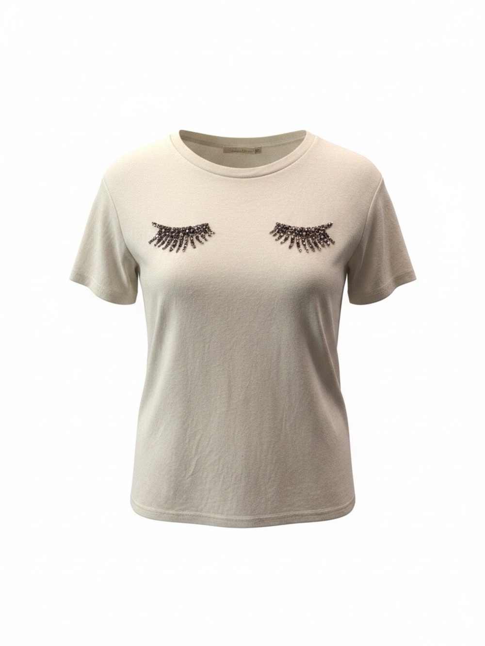 Ellison Cream Short-Sleeve Tee with Beaded Eyelash Appliqués